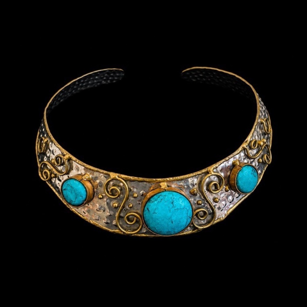 Boho Mixed Metal Turquoise Cabochon Hammered Torque Collar Necklace Statement
